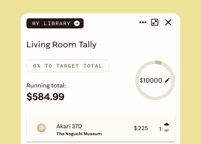 Living room tally showing a running total of $594.99 toward a budget.