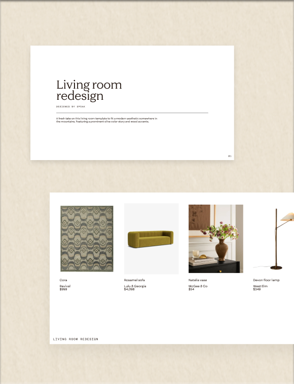 Living room redesign presentation with a title slide and a furnishings slide.