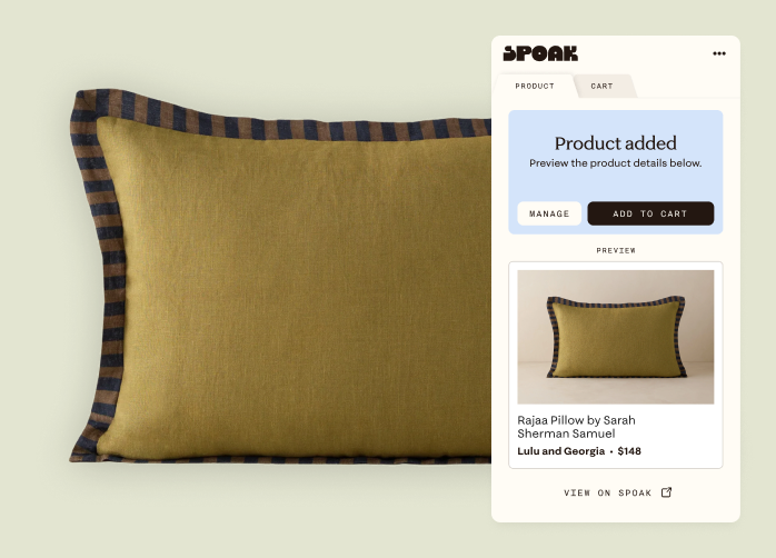 Product clipper extension saving a pillow from a shopping site into Spoak.
