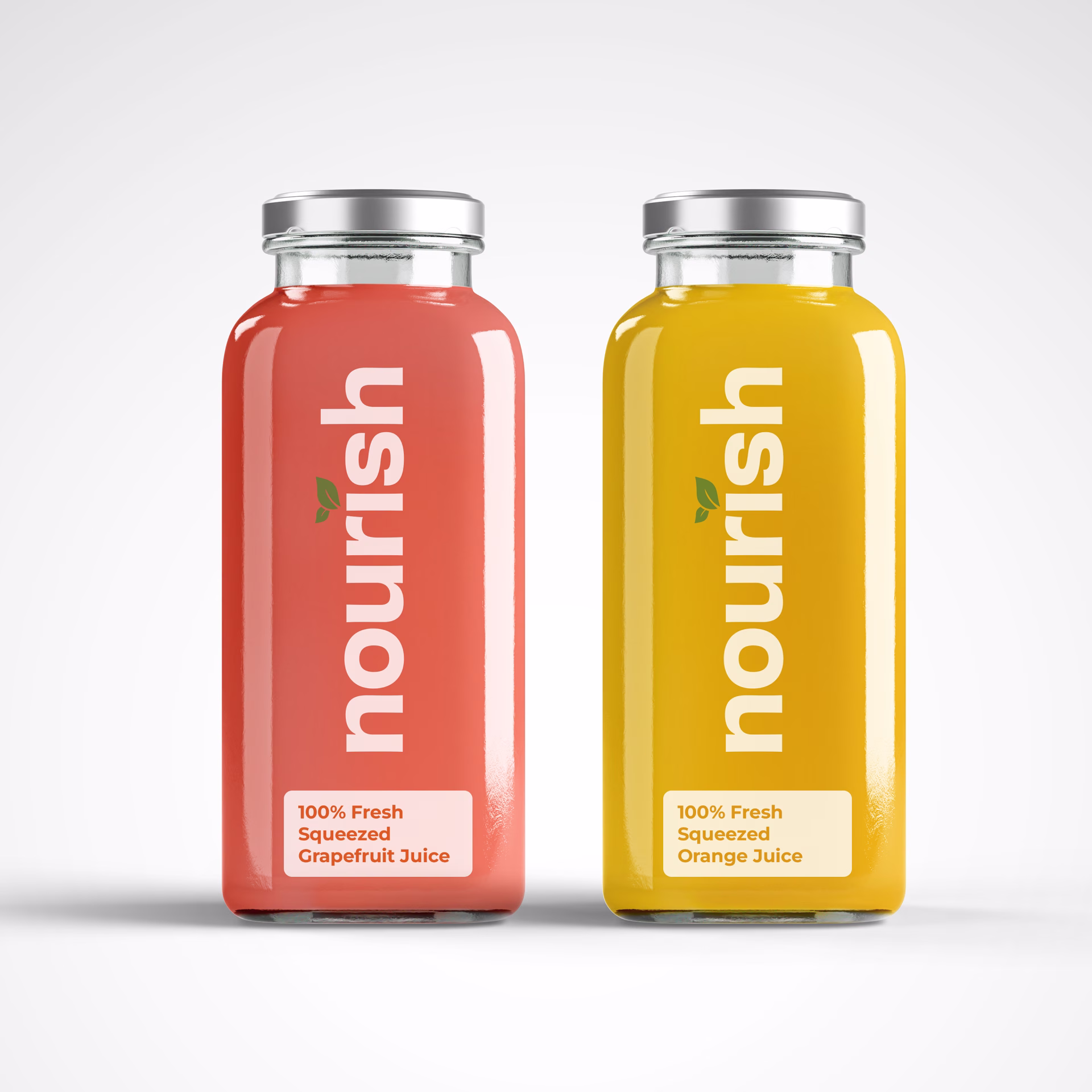 Two juice bottles on a white background one grapefruit, one orange with the Nourish logo