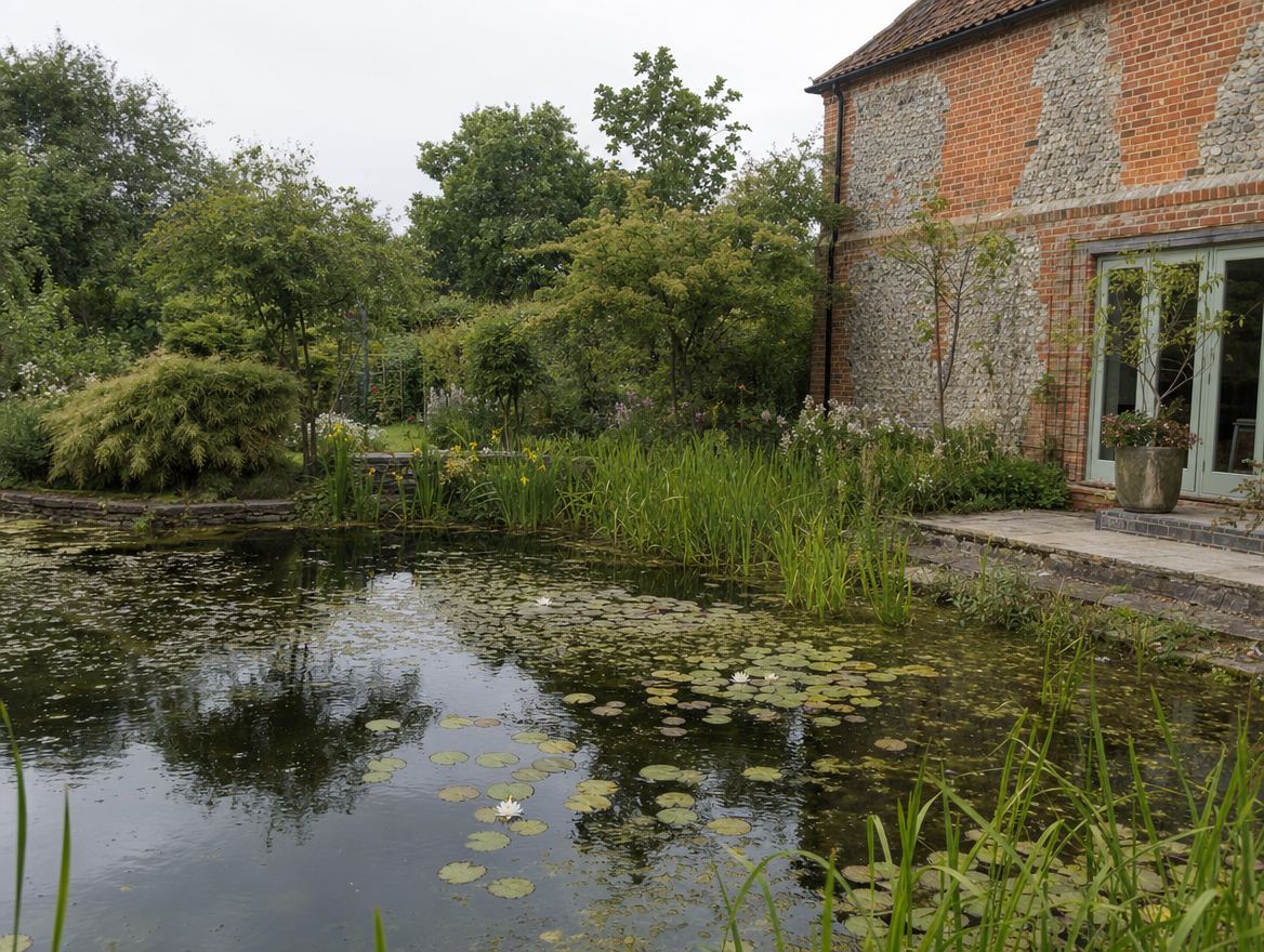 Natural swimming pond with planted margins and flowering perennials beside a country house
