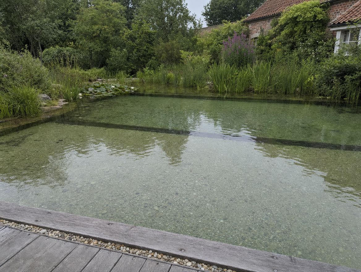 Formal natural pool with pale stone coping, reed margins and clear turquoise water