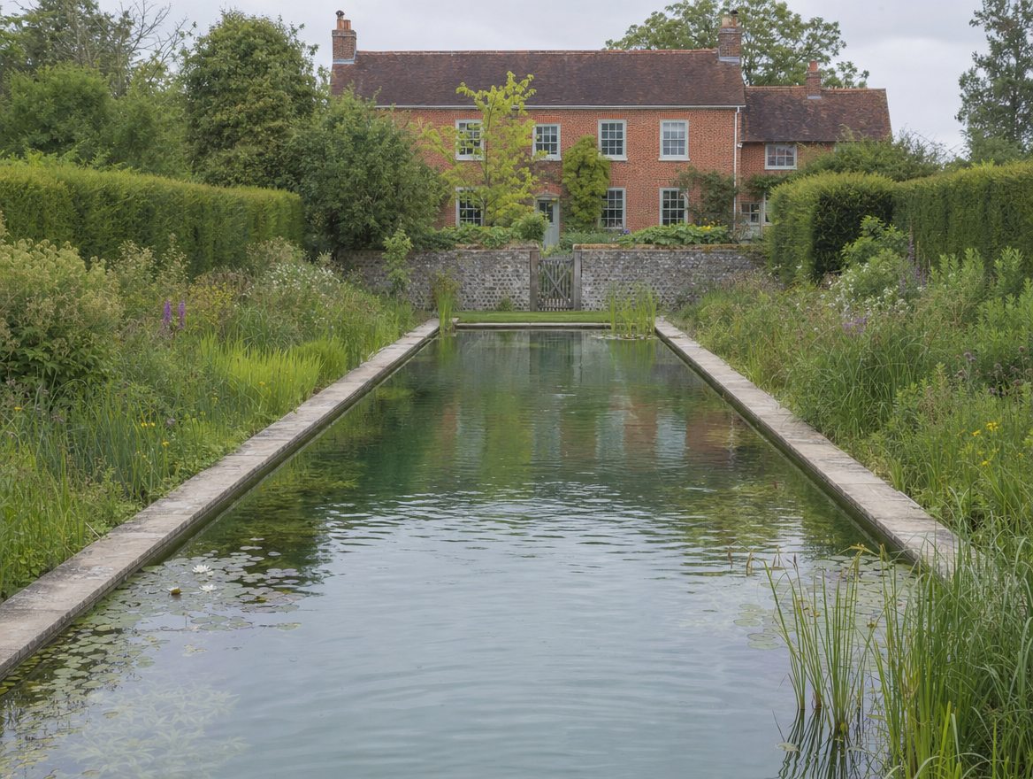 A formal natural pool with pale stone coping, reed planting along one edge and clear turquoise water