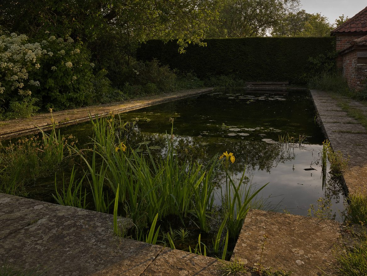 A gravel path and ornamental grasses leading past a natural pool towards a red brick manor house
