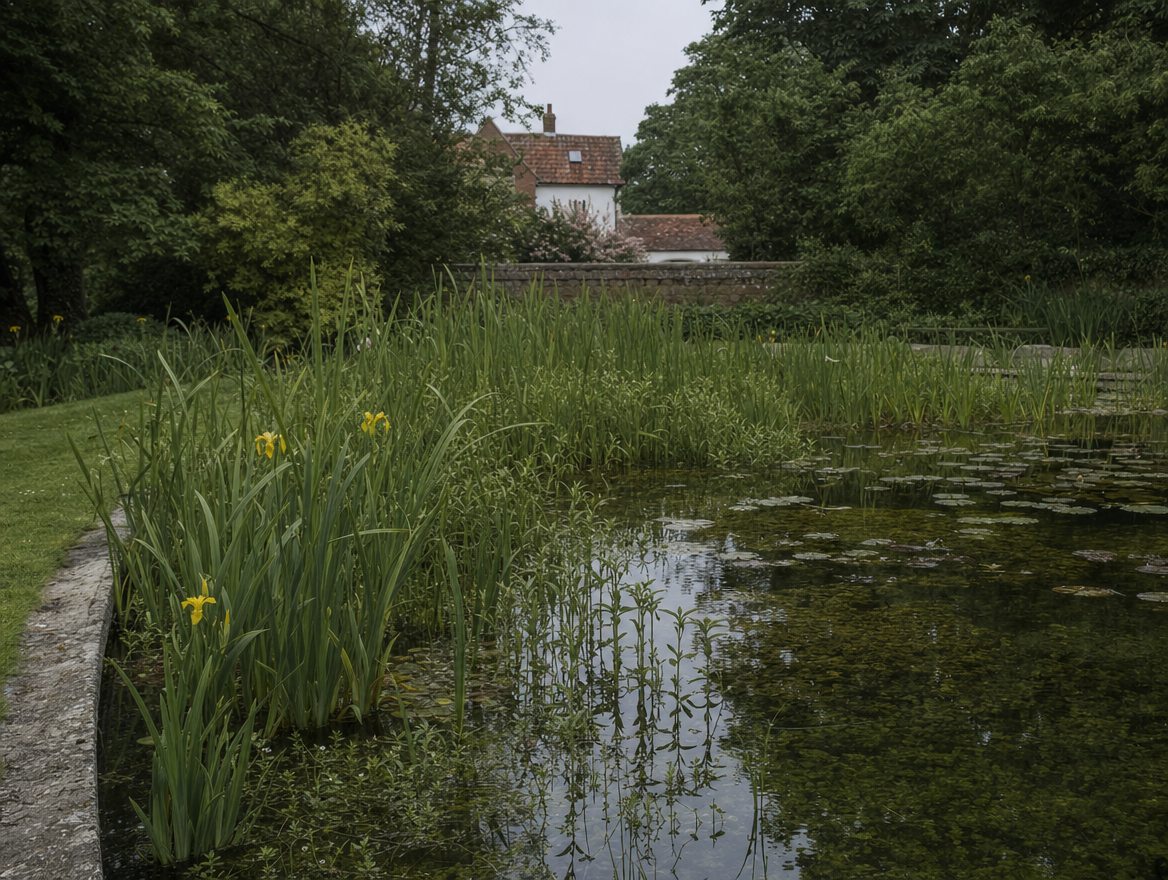 Close view of an oak deck edge with water lilies and submerged stones in the regeneration zone