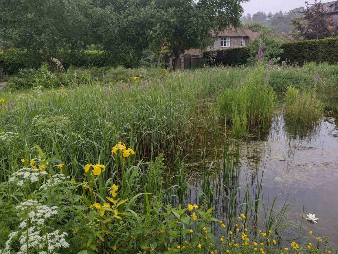 Reeds and water lilies growing thickly along a pond margin