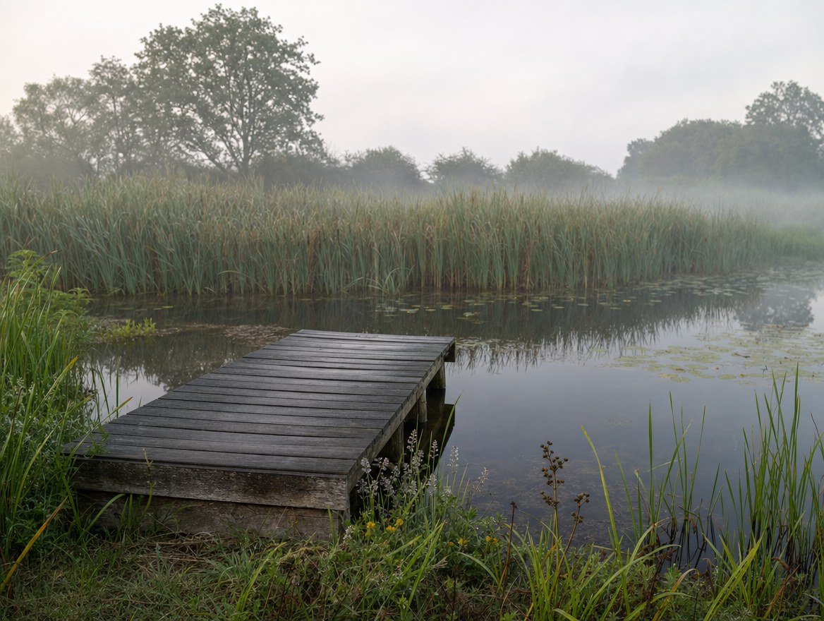 A swimming pond at dawn, with an oak jetty reaching out over dark water and a manor house beyond