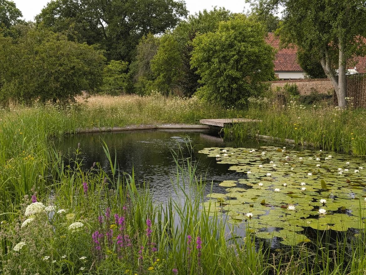 A swimming pond reflecting a manor house, with timber decking and planted margins