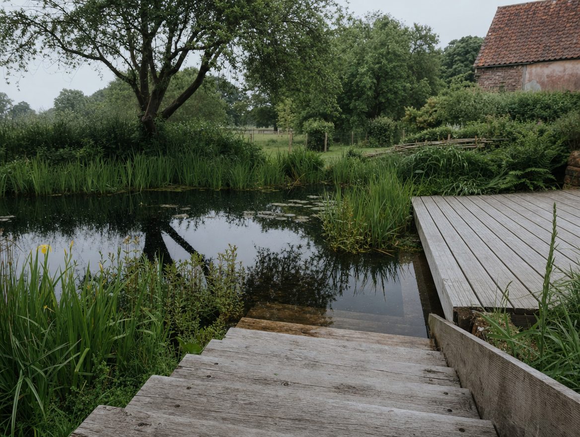 A planted natural pond with a gravel path running towards a manor house