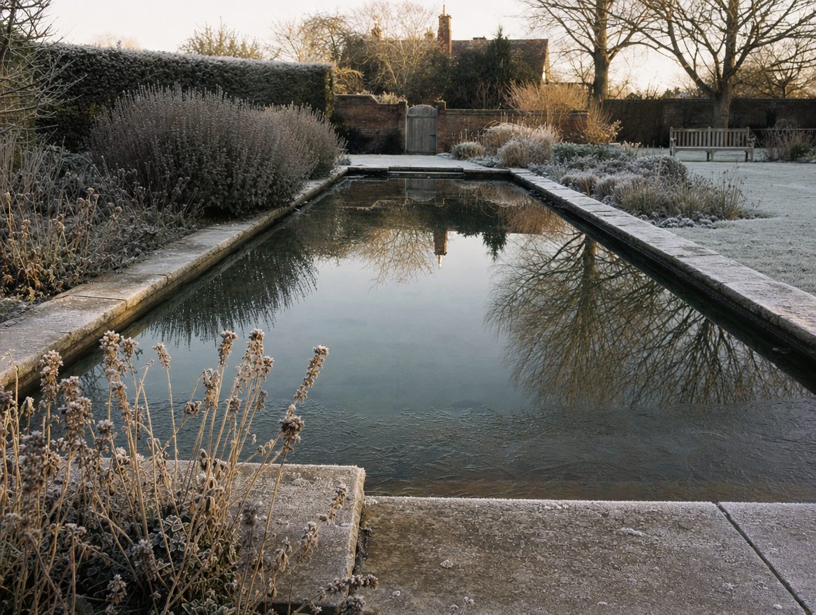 A natural bathing pool at dusk with a lit sauna standing beyond it