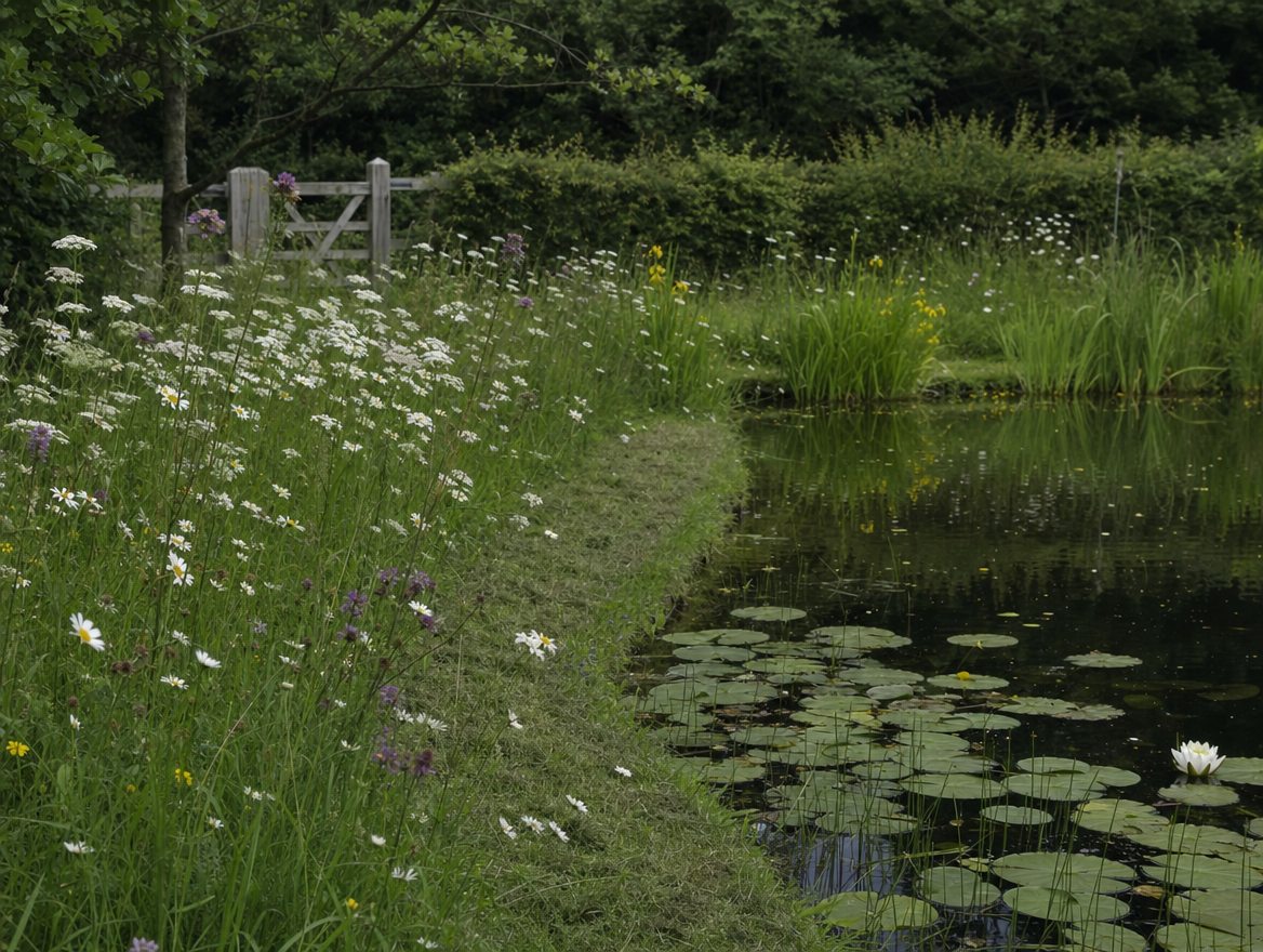 A wildlife pond edged with timber decking and native planting