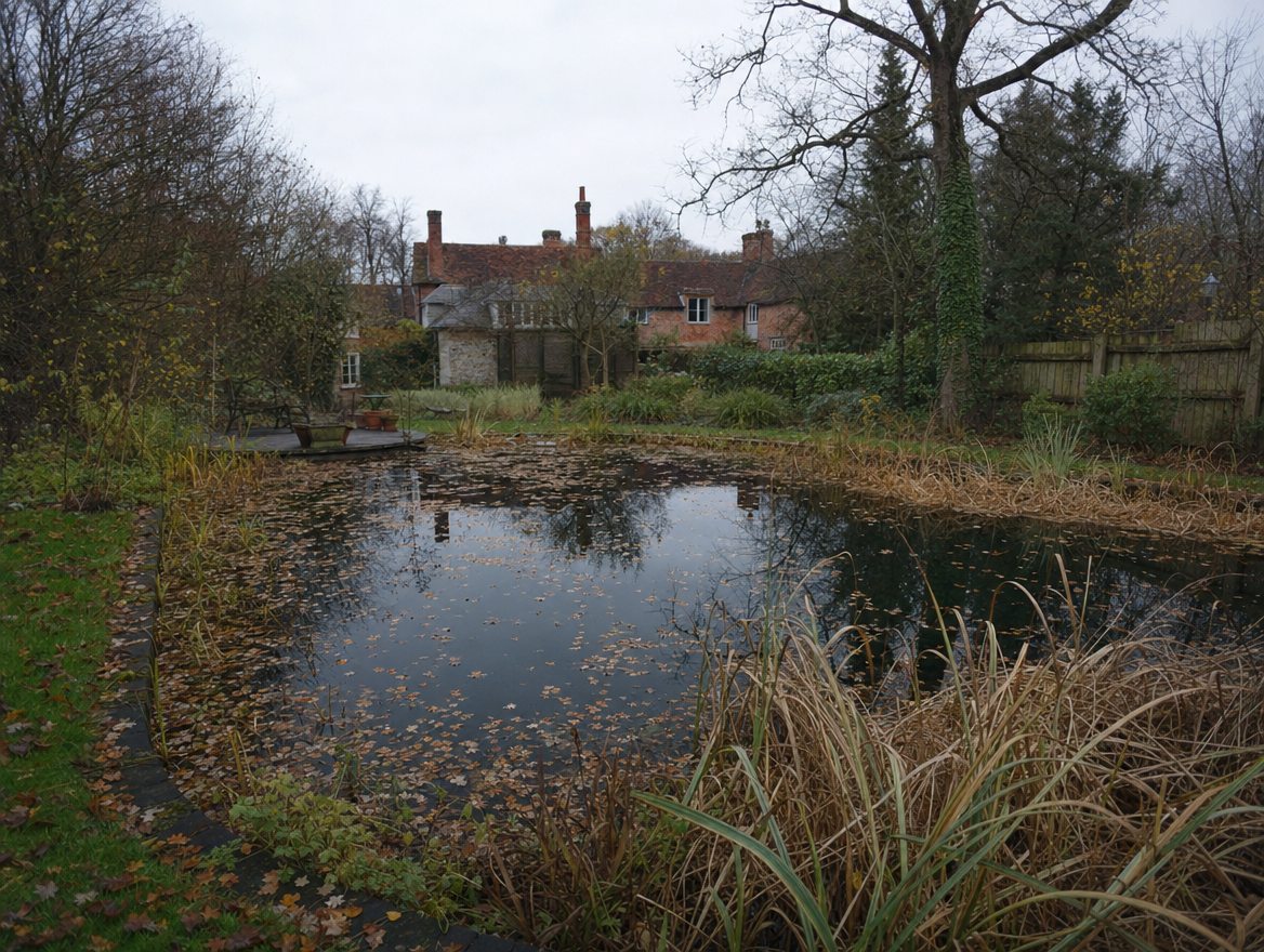 A natural swimming pond with planted margins and flowering perennials beside a country house