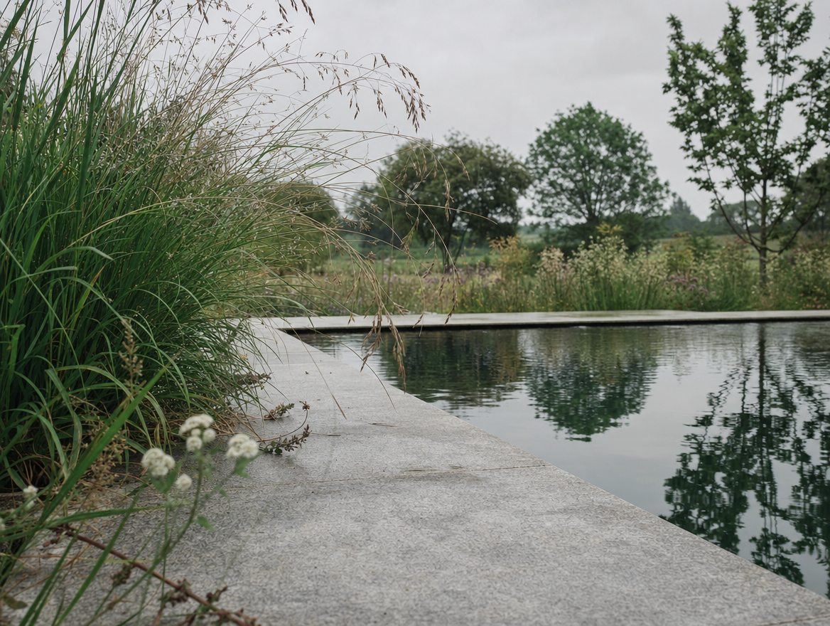 A long formal pool on a misty morning, with the house and hedging mirrored in the water