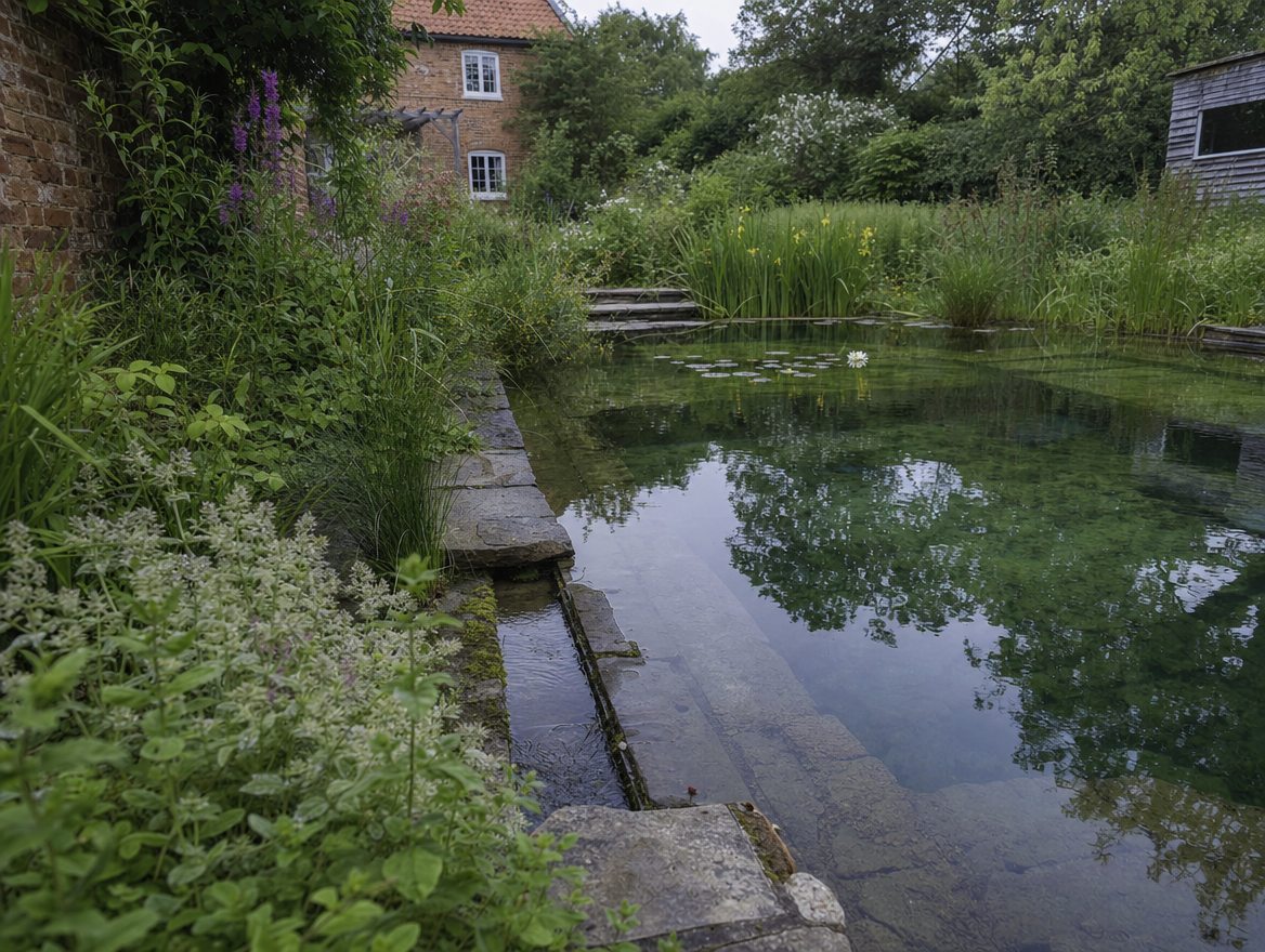 A living pool seen from above, with a stone terrace and loungers along one side