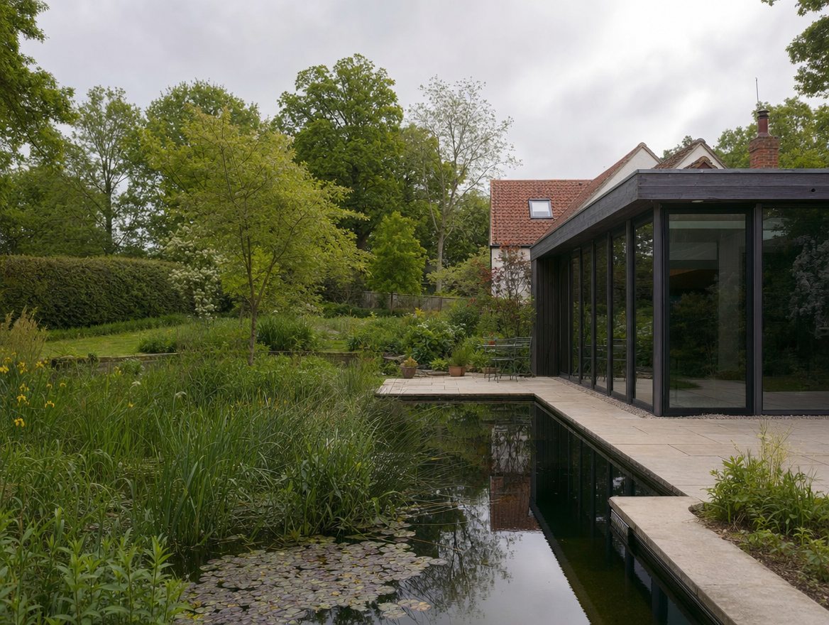 A contemporary timber and glass house beside a dark living pool