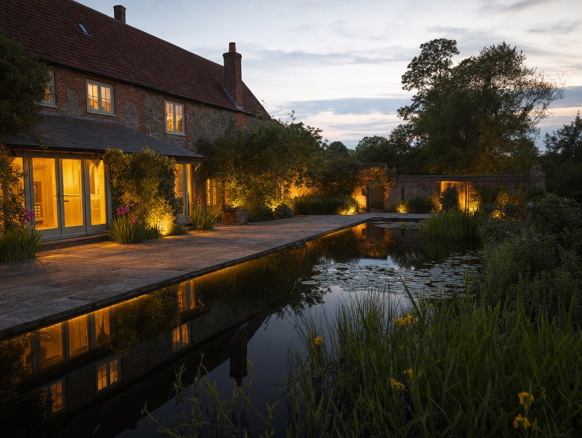 A gravel path and ornamental grasses running past a pool towards a red brick manor house