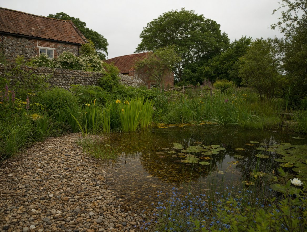 Reeds and water lilies growing thickly along a pond margin
