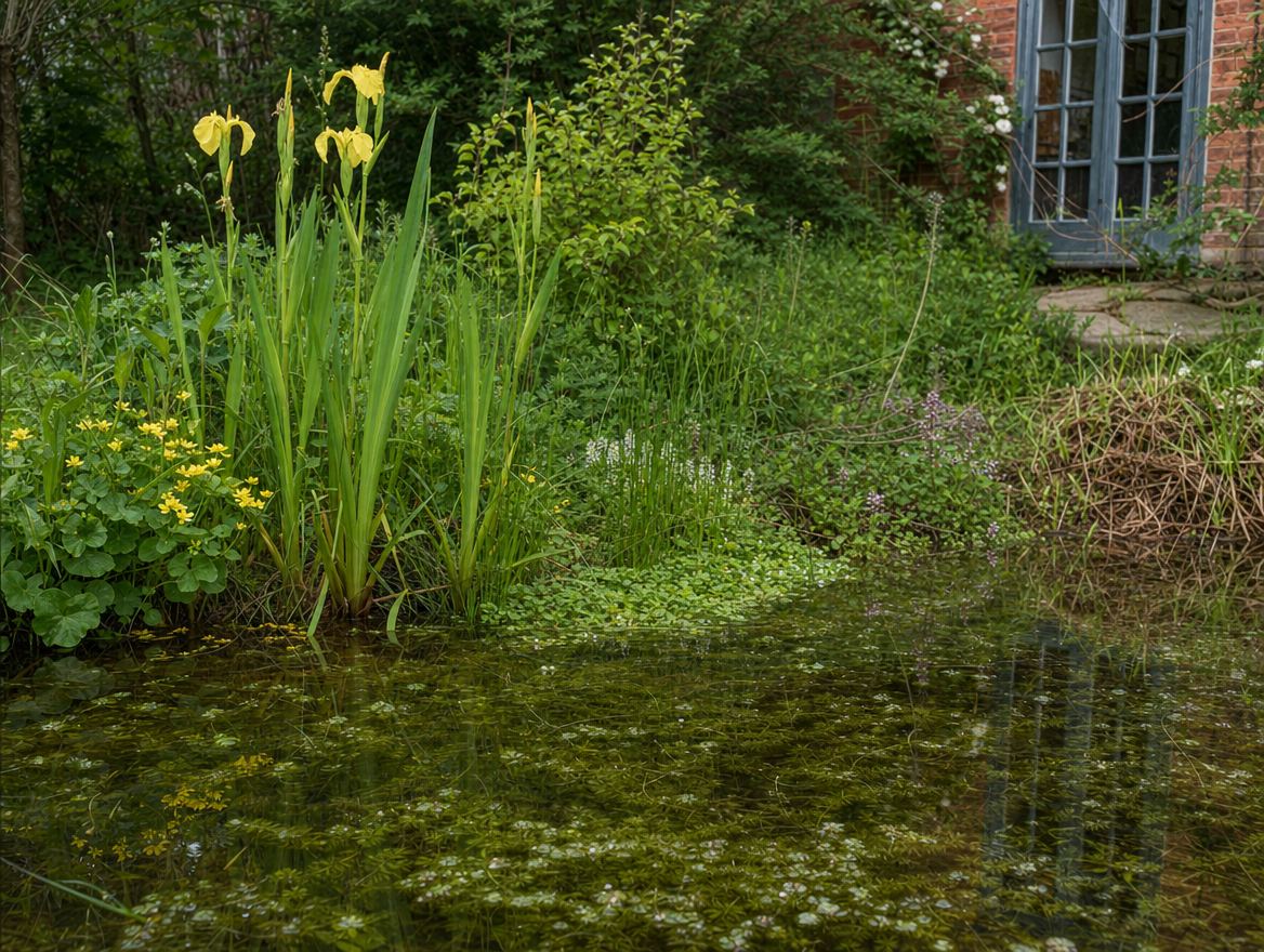 Water lilies and submerged stones showing through clear water at a timber deck edge
