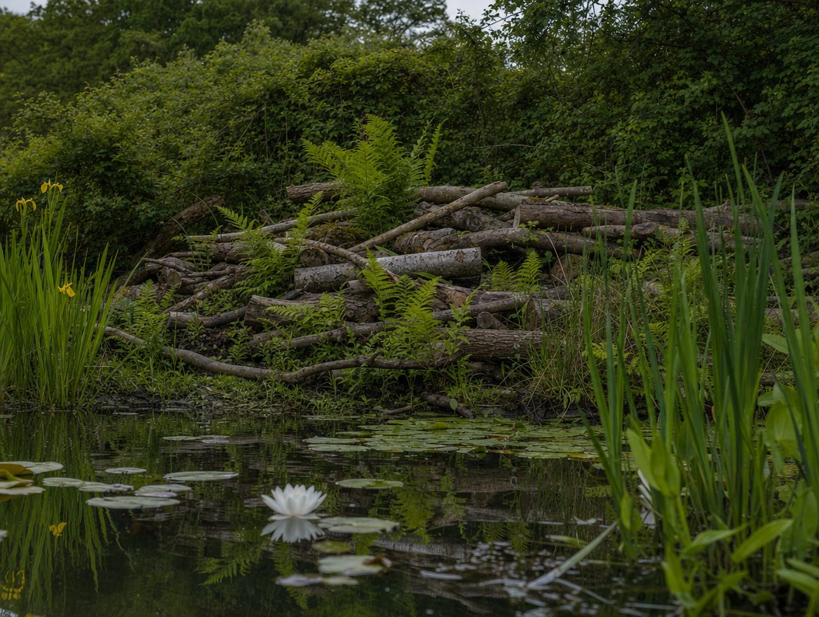 A pond reflecting a manor house, with timber decking and established planted margins