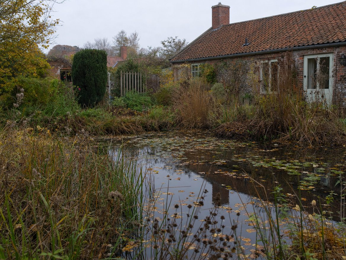 A planted pond with flowering perennials along its margins in front of a country house