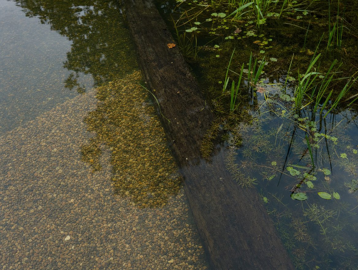 A long natural pool on a misty morning, house and hedging mirrored in still water