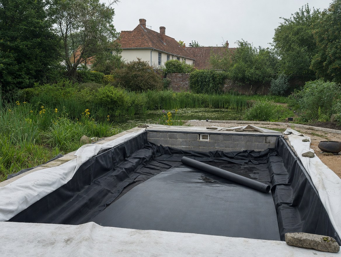 Design plans, drawings and a tape measure laid out on a garden table