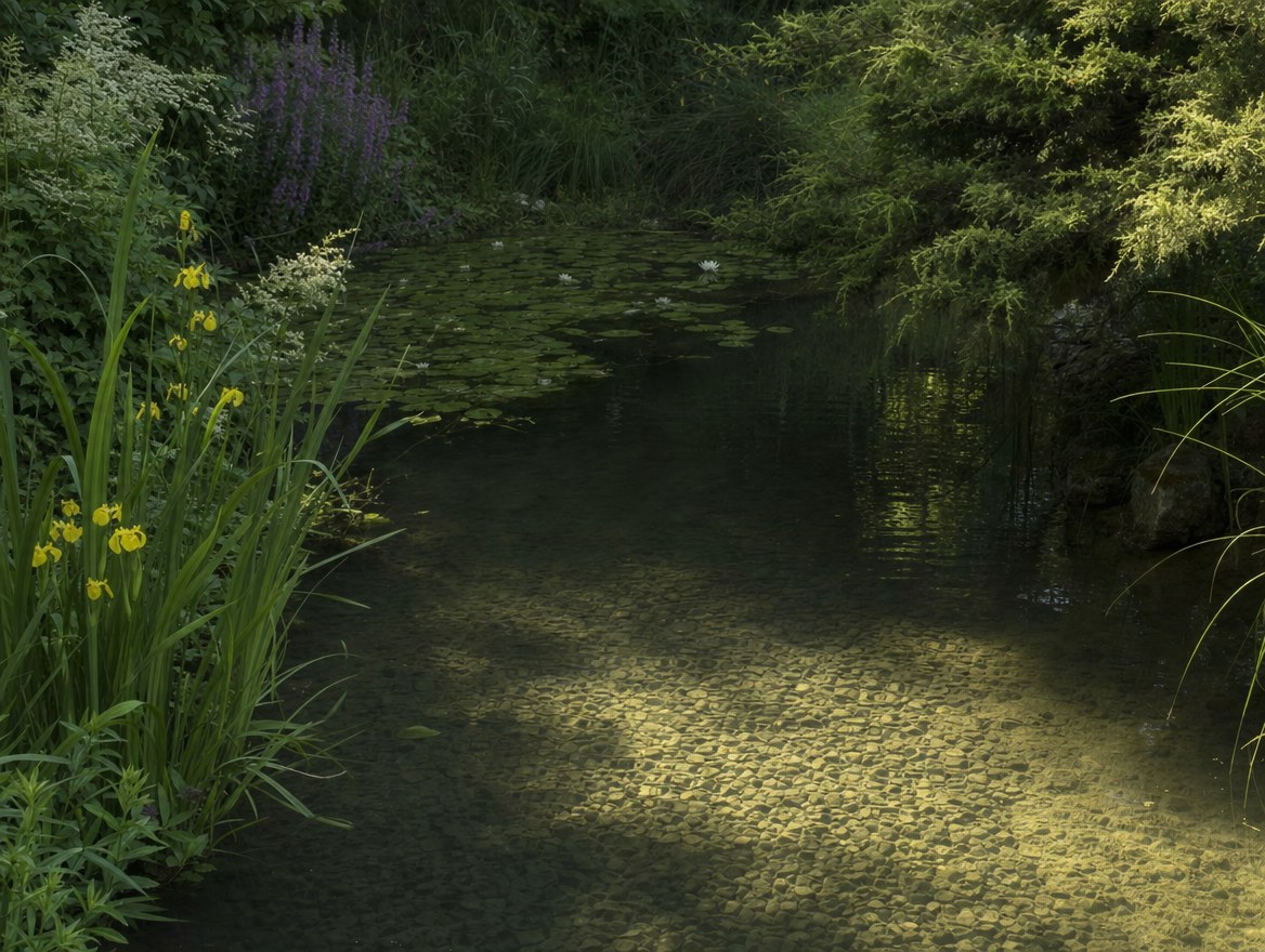 A natural swimming pond with planted margins and flowering perennials in front of a country house