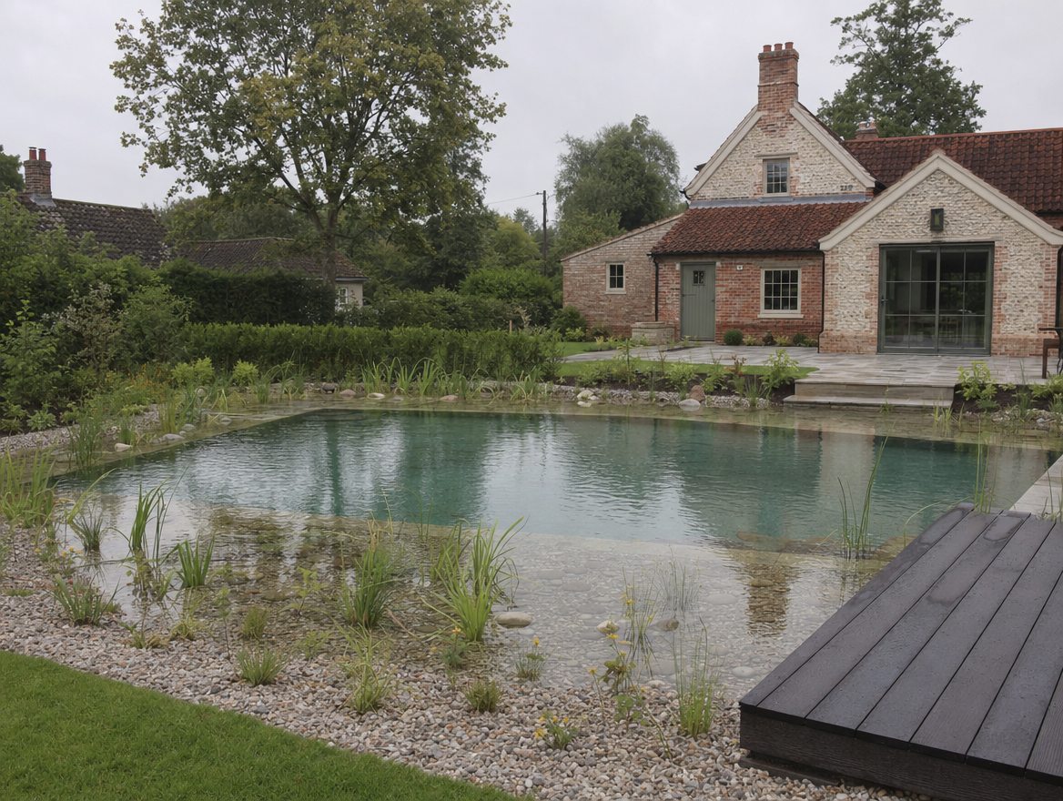 A contemporary timber and glass house beside a dark living pool