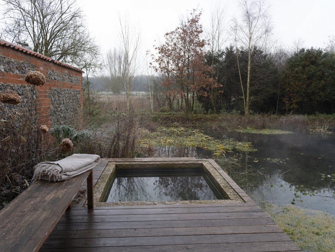 A natural bathing pool and lit sauna at dusk
