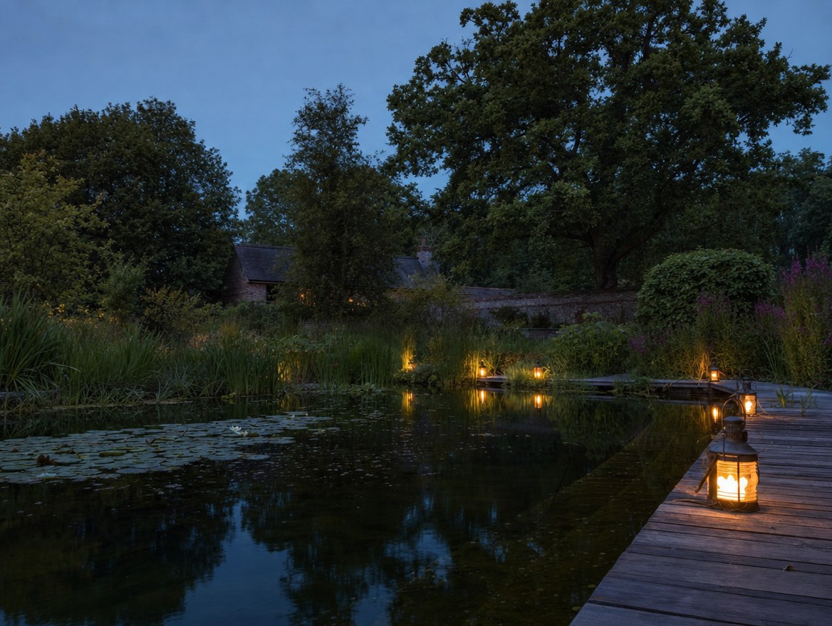 A pond edged with timber decking and native planting