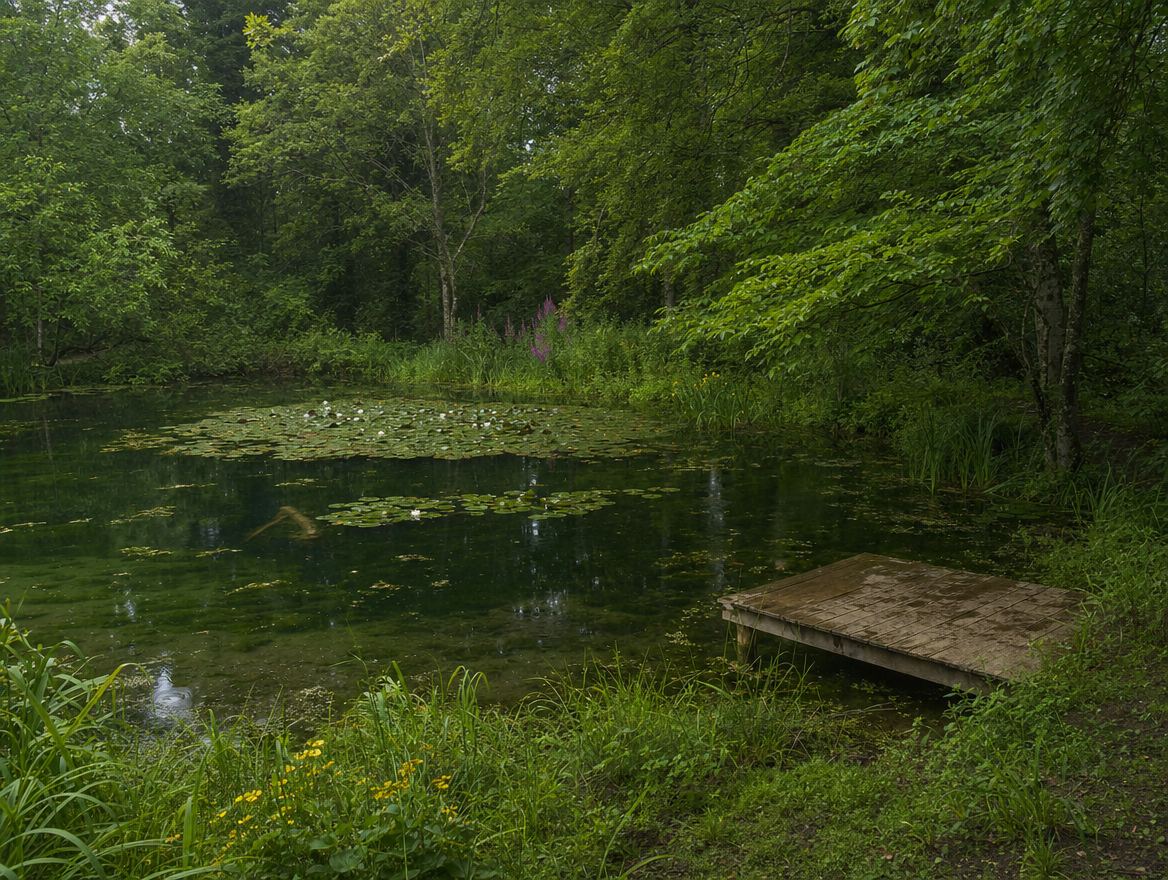 A formal natural pool with pale stone coping, reed margins and clear turquoise water