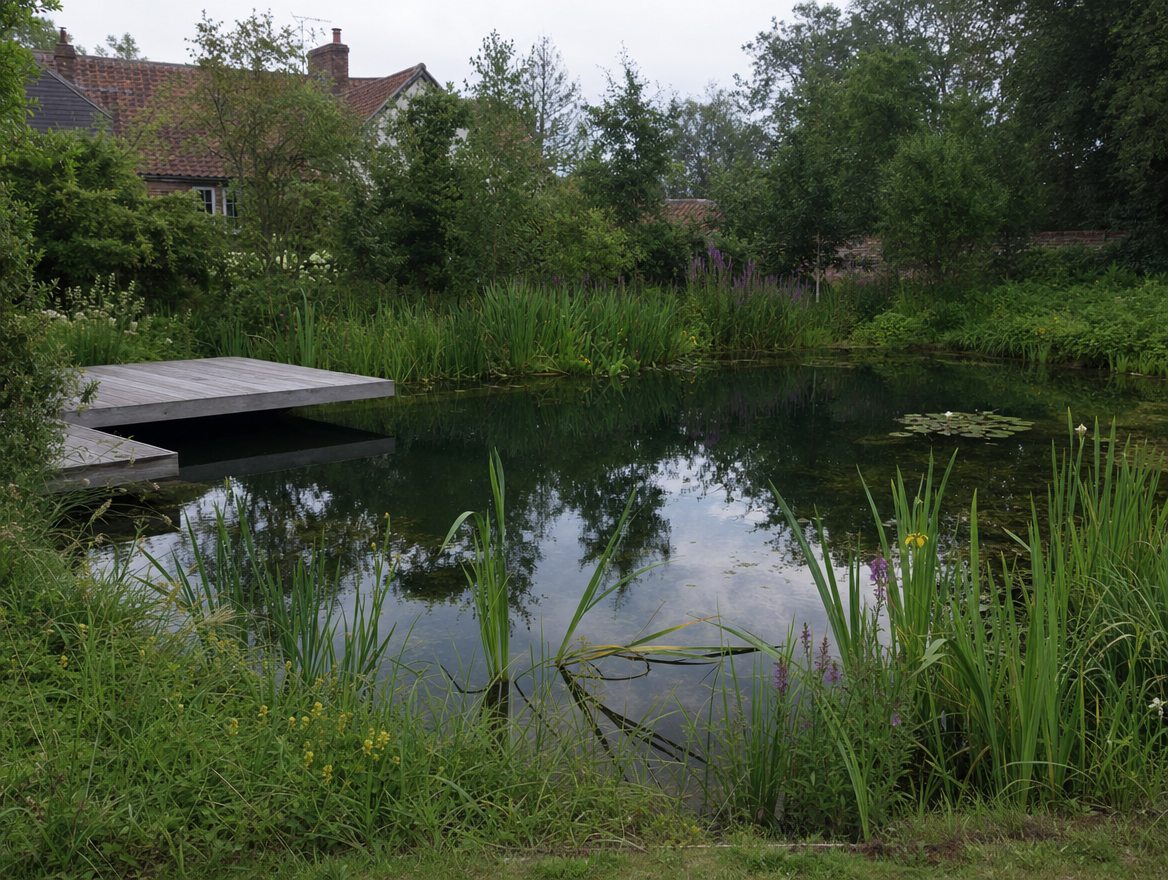 Swimming pond reflecting a manor house, with timber decking and planted margins