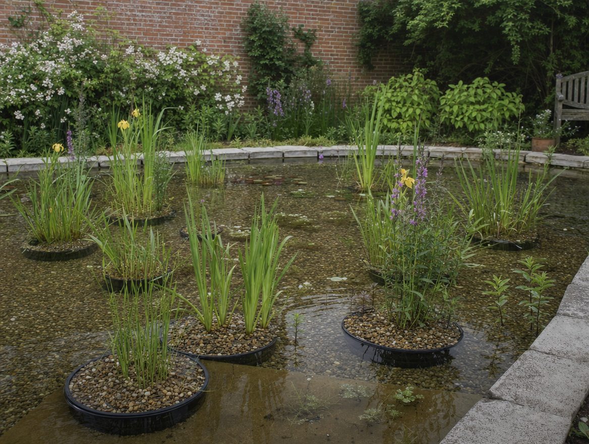 Yellow flag irises and stepping stones at the edge of a wildlife pond