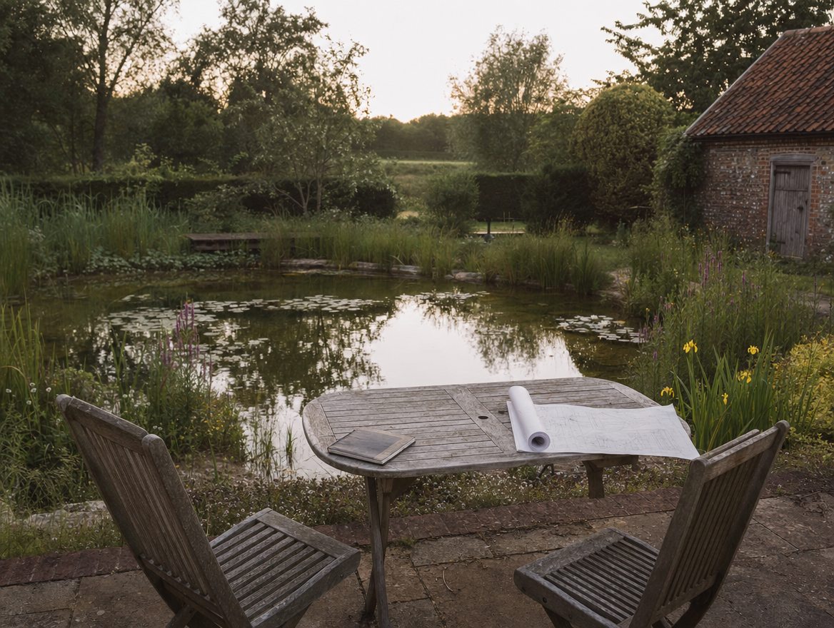 A long formal swimming pool on a misty morning, with the house mirrored in still water