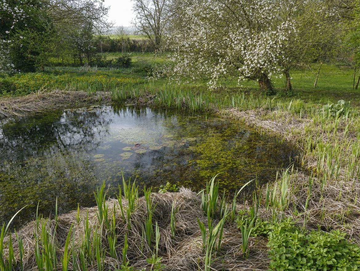 A natural pool with a gravel path and ornamental grasses beside a red brick manor
