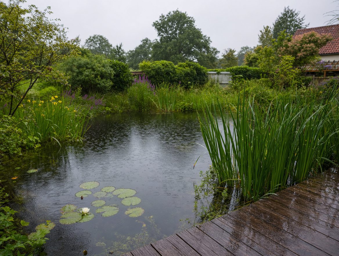 Yellow flag irises and stepping stones at the edge of a wildlife pond