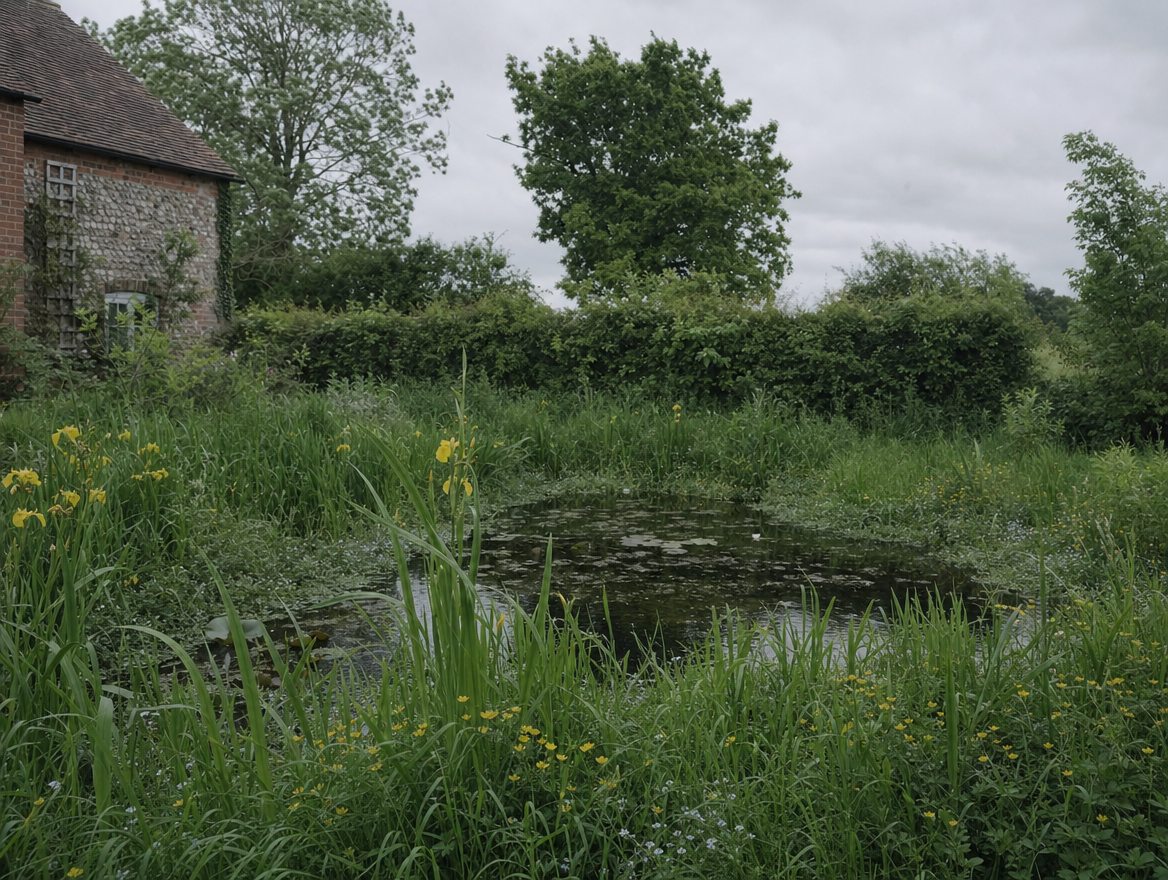 Yellow flag irises and stepping stones at the edge of a wildlife pond