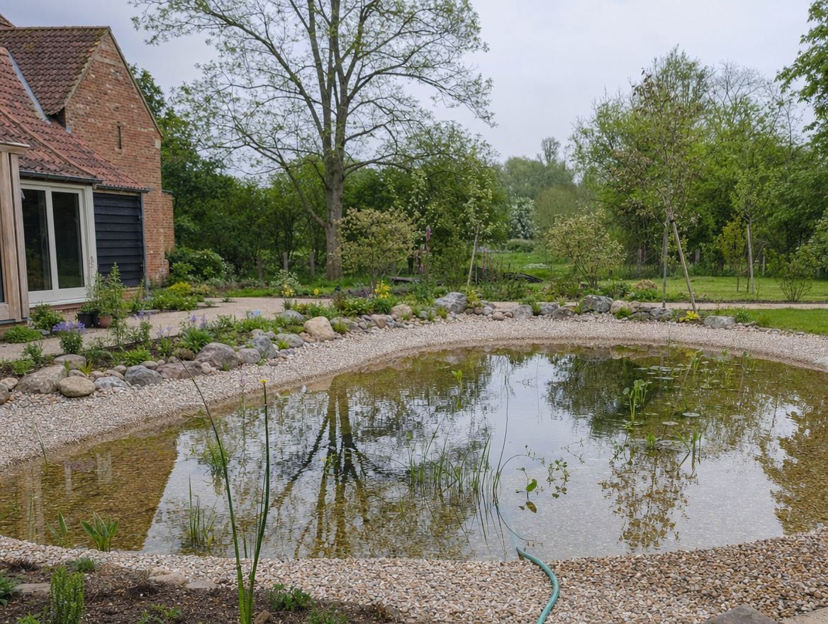 Reeds and water lilies filling out the planted margin of a settled pool