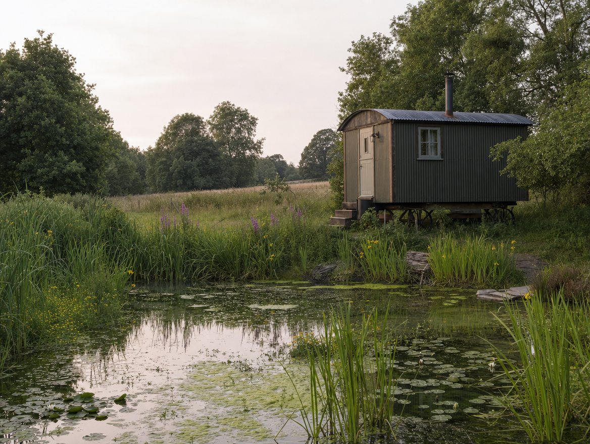 An oak jetty over dark water at dawn, with the manor house beyond
