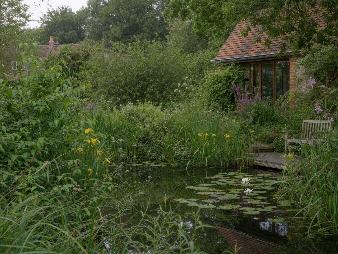 Timber decking running along the edge of a wildlife pond with native planting