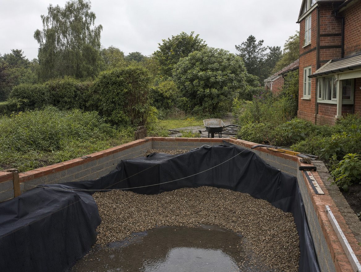 Natural pool under construction, showing the excavated chamber, timber formwork and a digger
