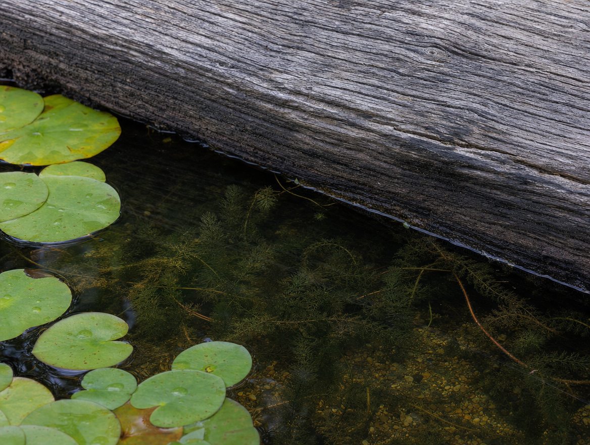 Close-up of an oak deck edge with water lilies and submerged stones in the regeneration zone
