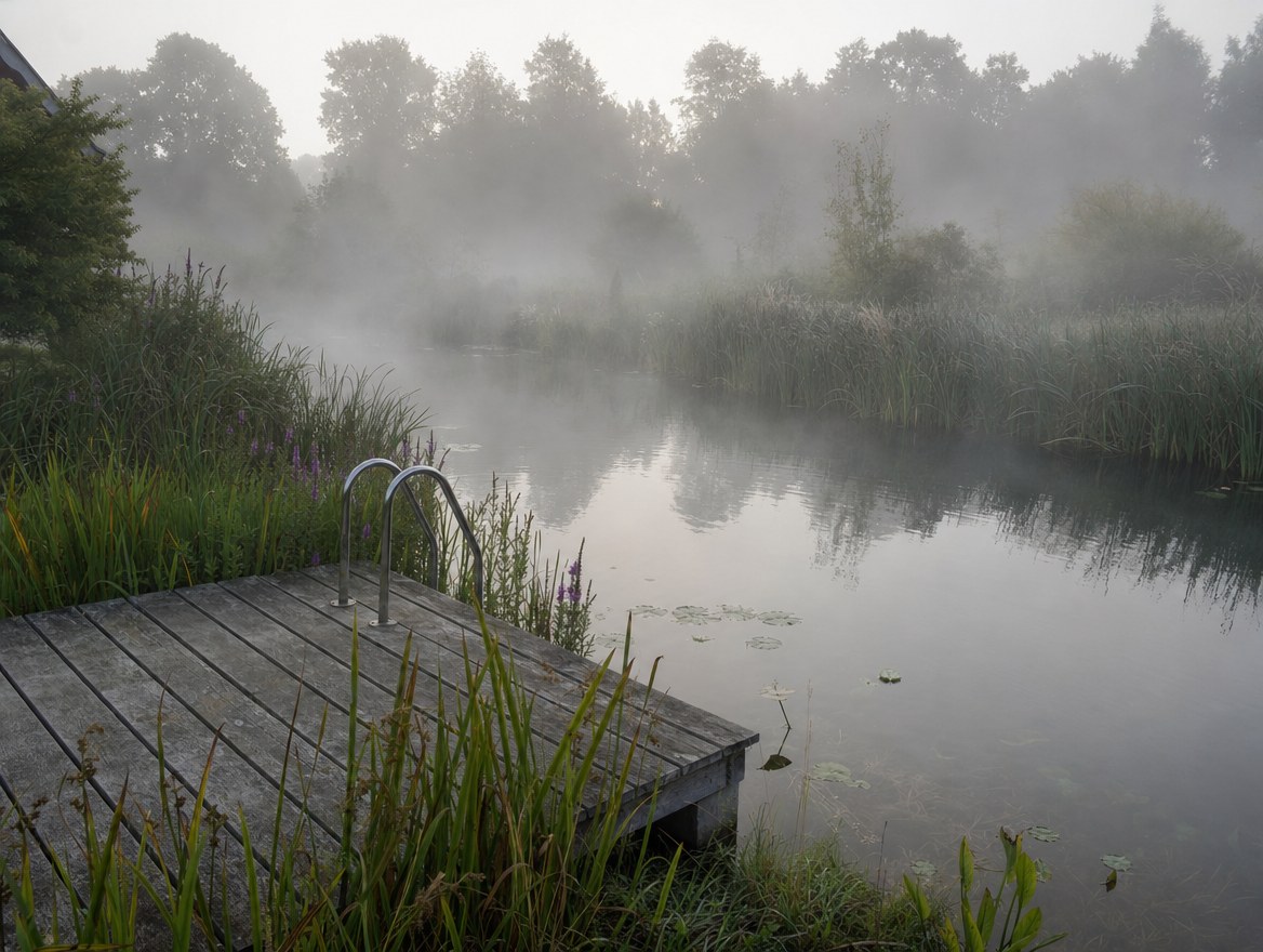 A swimming pond with timber decking and planted margins, reflecting a manor house