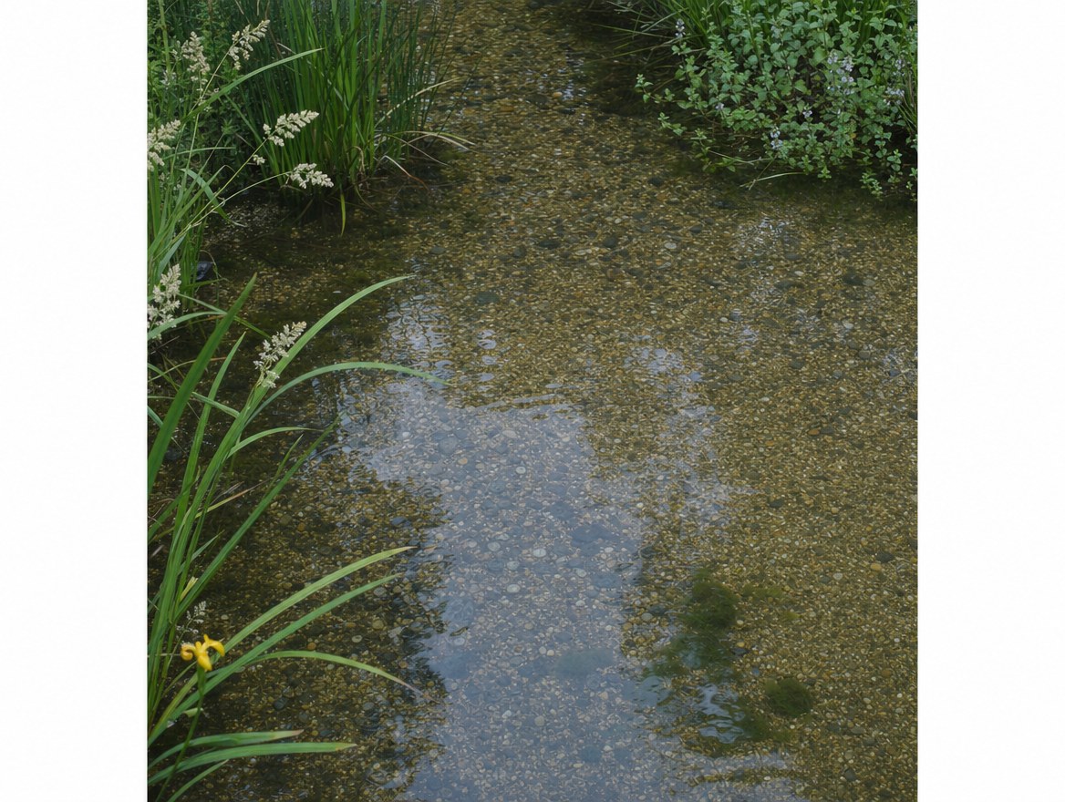 Dense marginal planting of reeds and water lilies