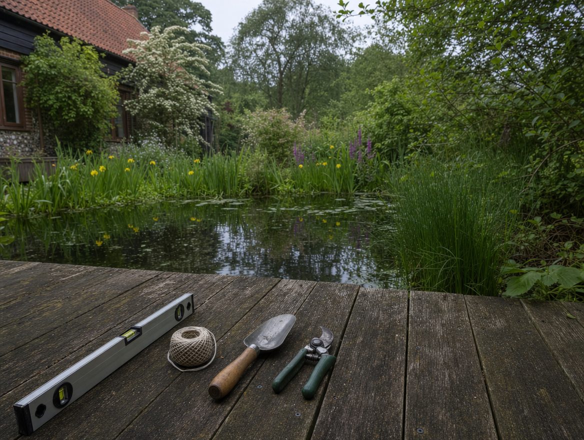 Natural pool with a gravel path and ornamental grasses beside a red brick manor