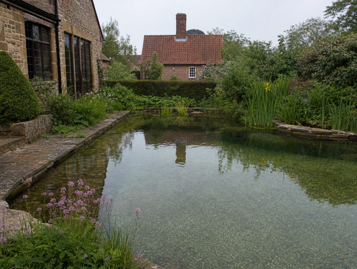 Gravel path leading to a pond beside a country house