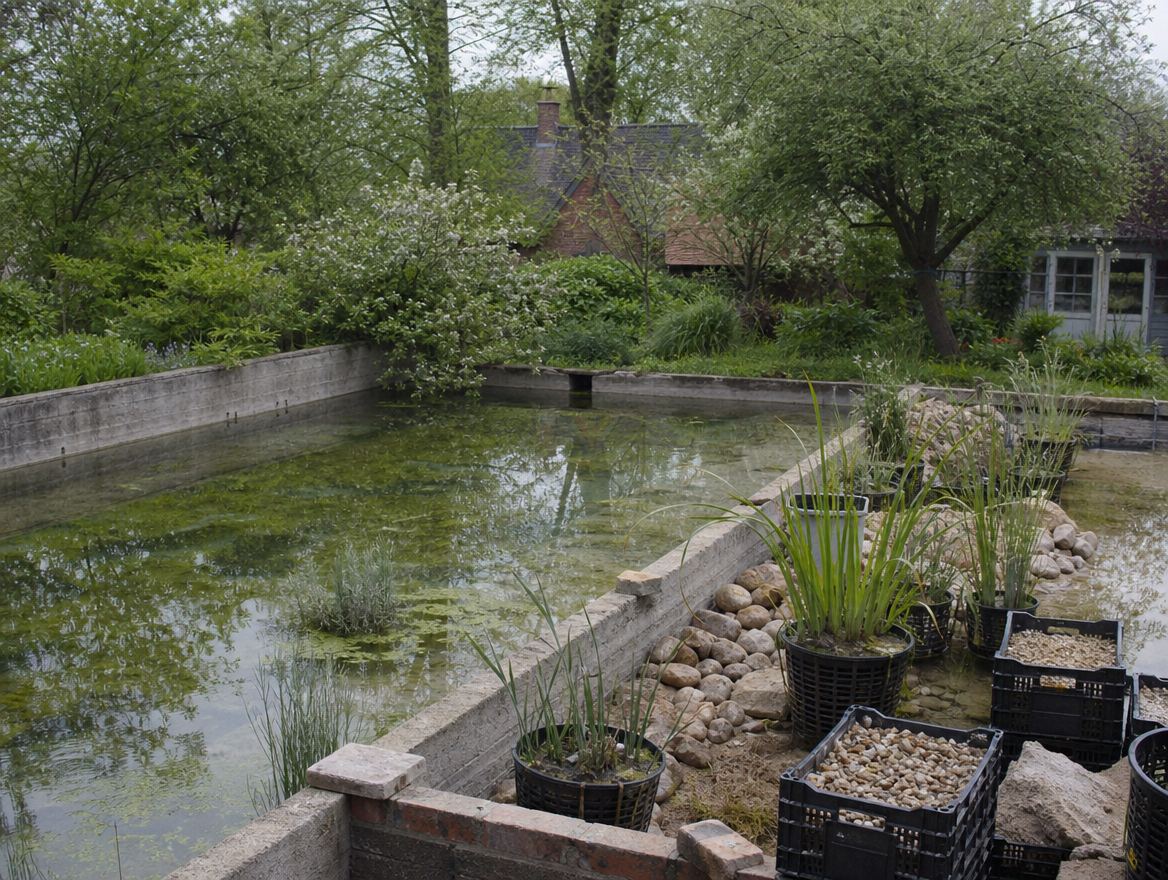 Reeds and water lilies growing in a planted regeneration zone