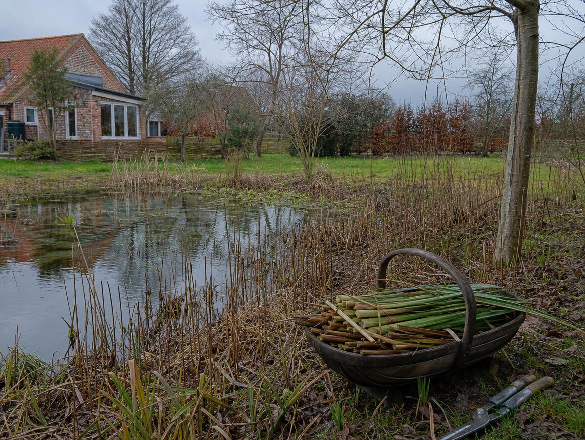 Timber decking beside a planted wildlife pond