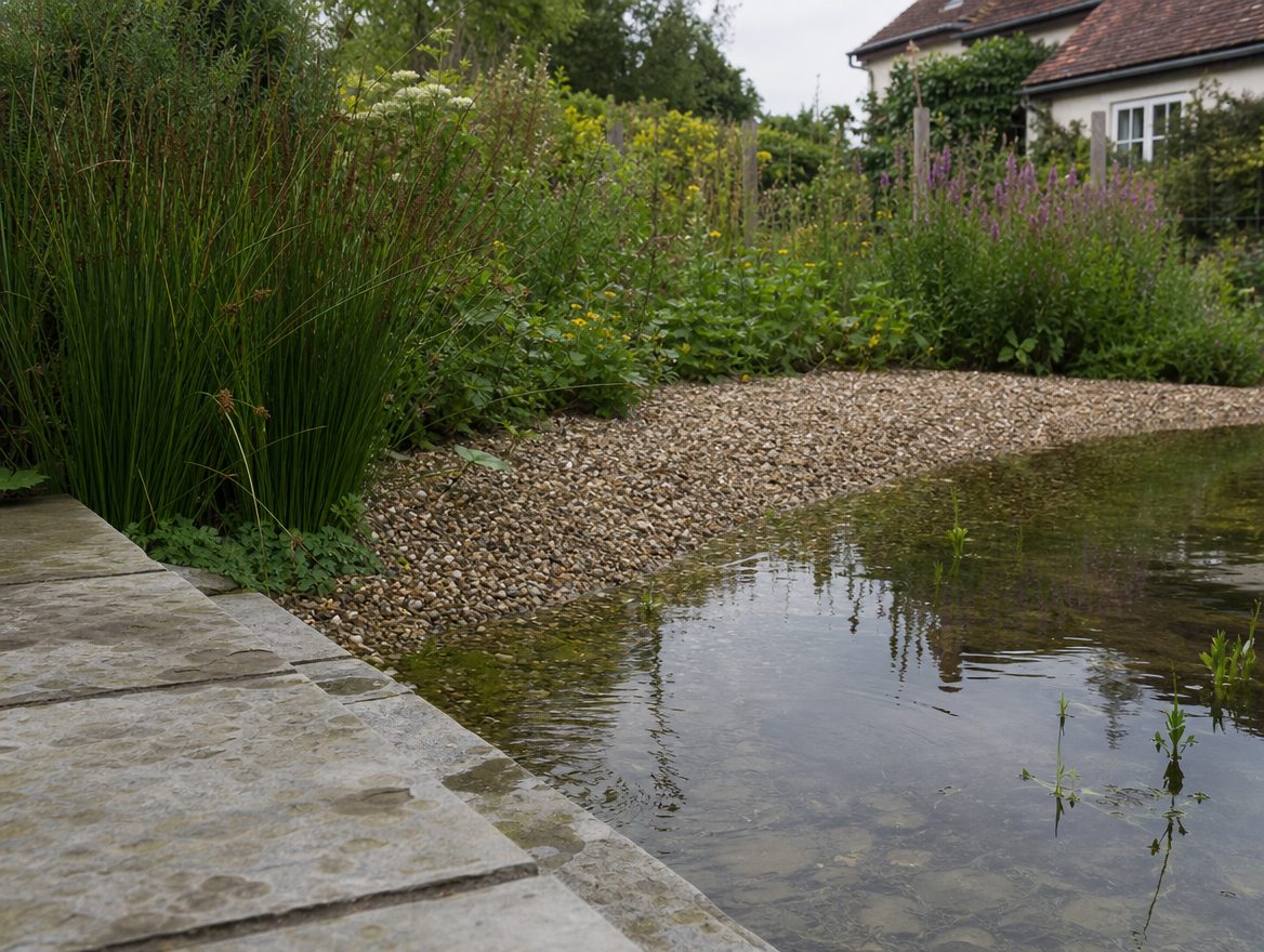 Natural pool set in lawn beside a brick manor house