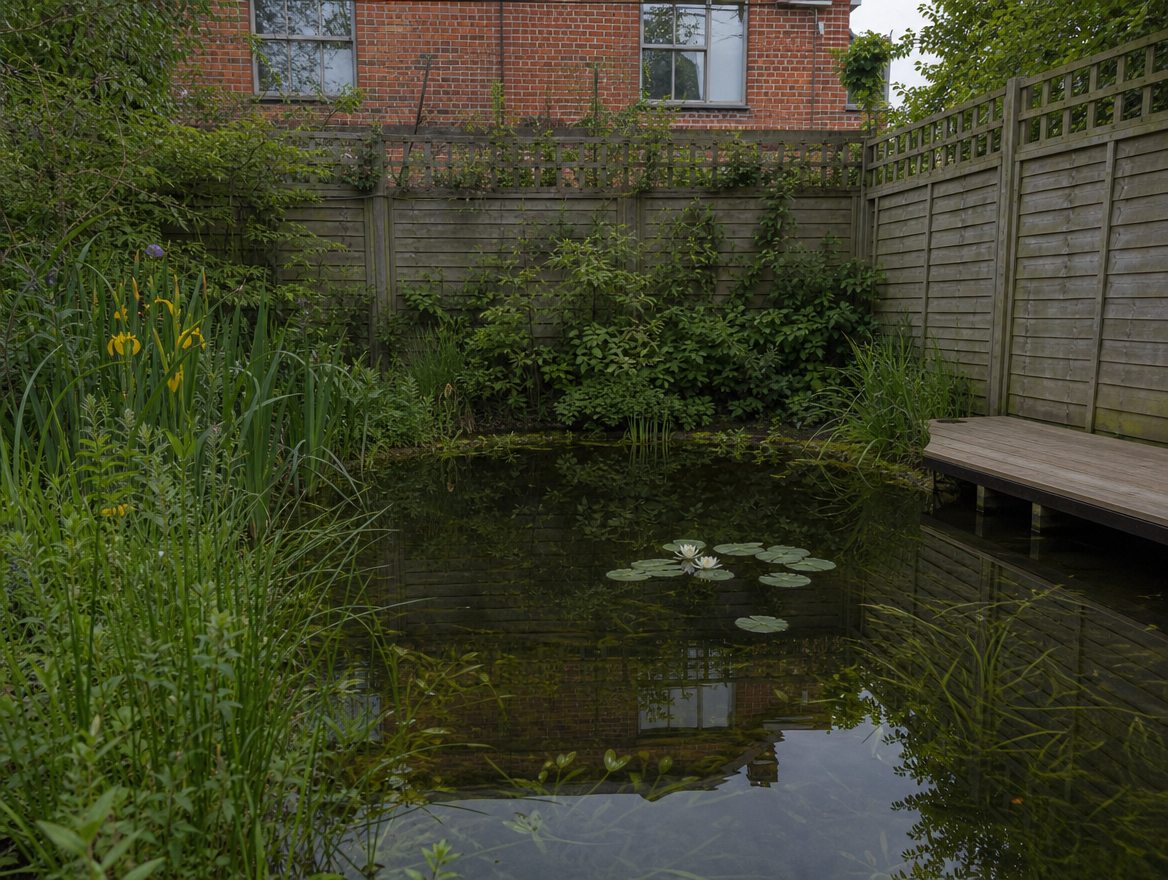 Living pool alongside a contemporary house, filtration out of sight